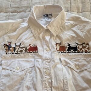 Vintage Honors White  Cow Family  Needlepoint Button-Down Shirt‎ Medium